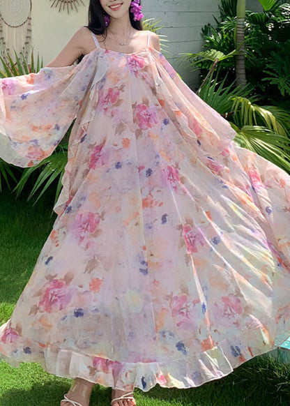 Cute Pink Print Ruffled Patchwork Chiffon Long Dress Short Sleeve