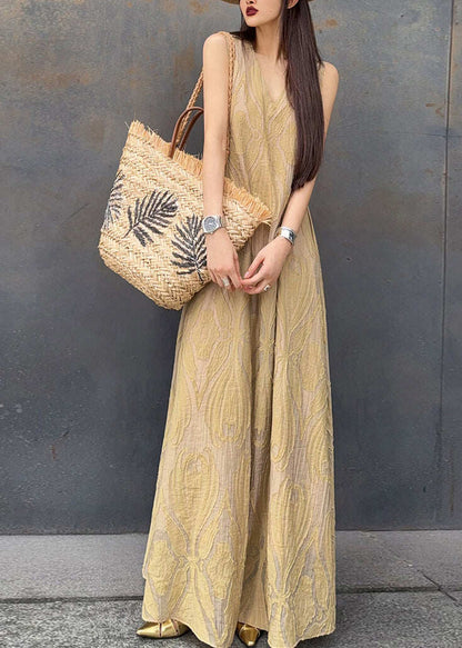 French White V Neck Jacquard Cotton Robe Dresses Sleeveless