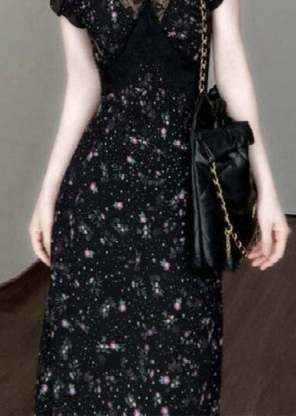 Classy Black V Neck Lace Patchwork Long Dress Short Sleeve