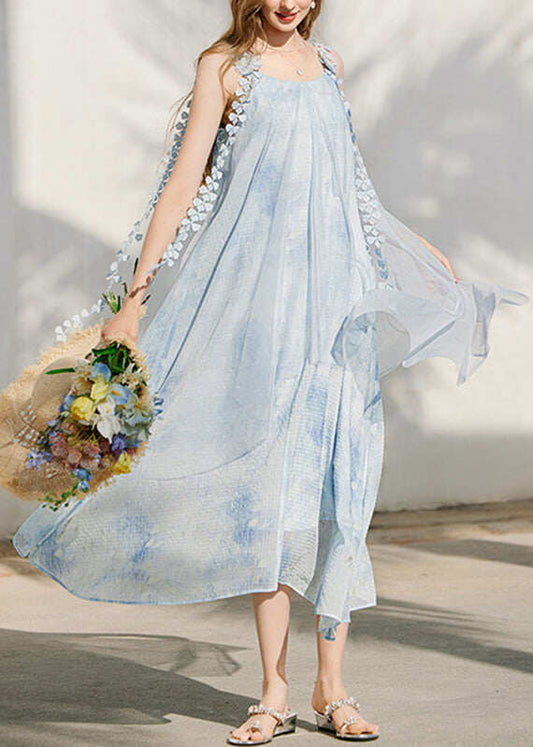 Cute Blue Print Silk Maxi Holiday Spaghetti Strap Dress Sleeveless