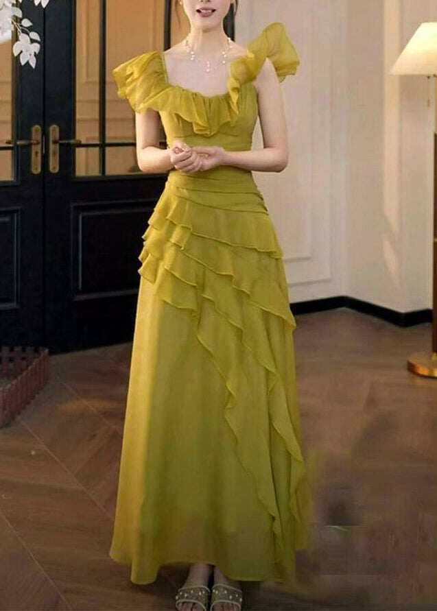 Stylish Grass Green Ruffled Asymmetrical Design Chiffon Party Dress Summer
