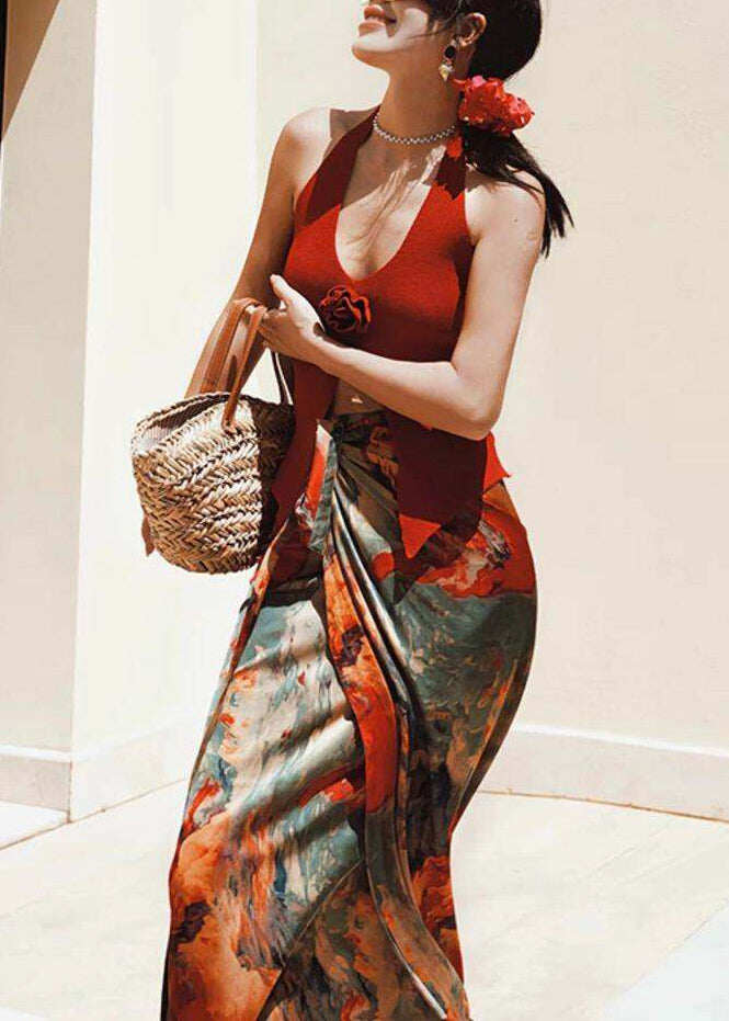 Beach Red Floral Vest And Maxi Skirts Two Pieces Set Summer