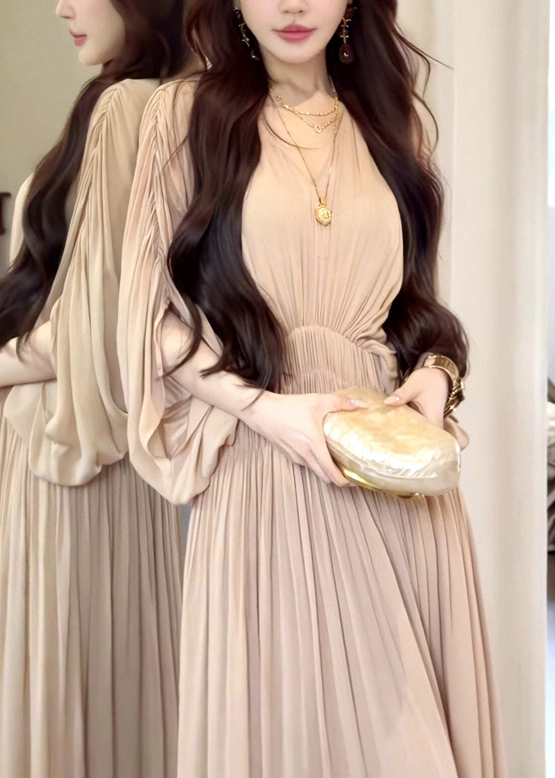 French Khaki Oversized Chiffon Robe Dresses Batwing Sleeve