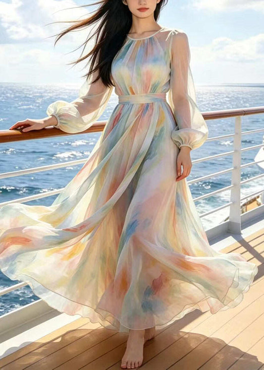 Modern Beige Tie Dye Extra Large Hem Chiffon Holiday Dress Summer