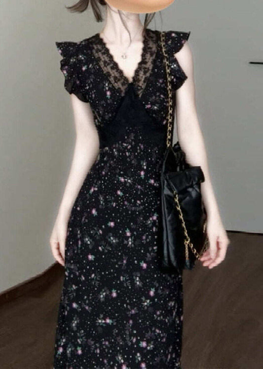 Classy Black V Neck Lace Patchwork Long Dress Short Sleeve