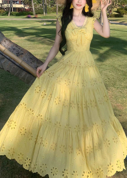 Casual Yellow Embroidered Extra Large Hem Chiffon Holiday Dress Summer