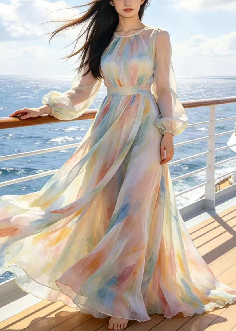 Modern Beige Tie Dye Exra Large Hem Chiffon Holiday Dress Summer