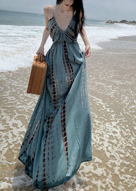 Beautiful V Neck Wrinkled Print Backless Maxi Spaghetti Strap Dresses Summer