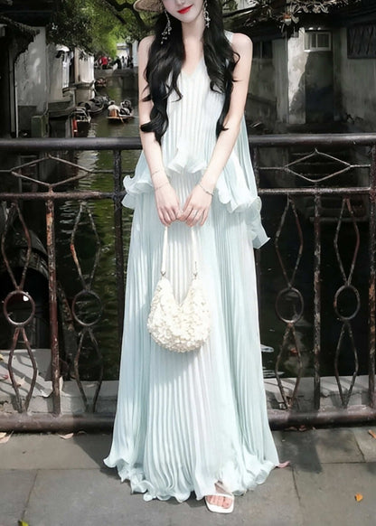 Style Sky Blue Ruffled Wrinkled Chiffon Holiday Dress Sleeveless