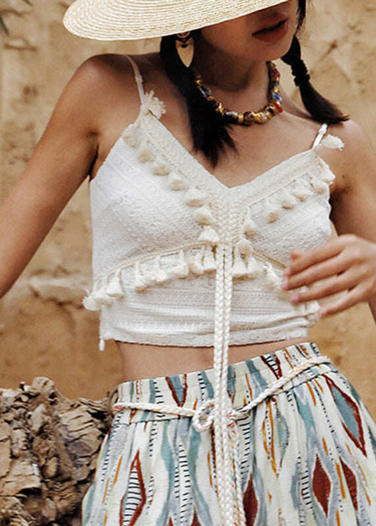 Chic White V Neck Embroidered Floral Tassel Top Sleeveless