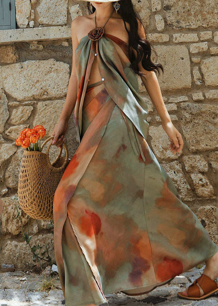 Handmade Cold Shoulder Print Rose Top And Maxi Skirts Two Piece Set Sleeveless