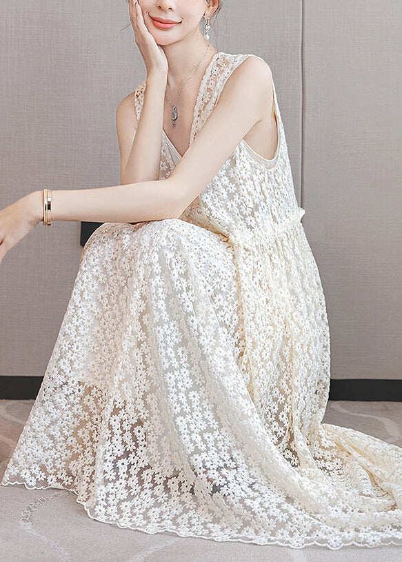 Italian White Ruffled Patchwork Lace Long Dresses Sleeveless