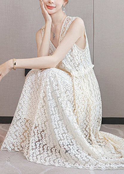 Italian White Ruffled Patchwork Lace Long Dresses Sleeveless