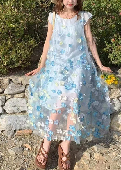 Beautiful Blue Oversized Floral Chiffon Long Dresses Two Piece Set Summer