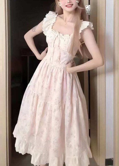Cute Pink O-Neck Print Wrinkled Mid Dress Short Sleeve