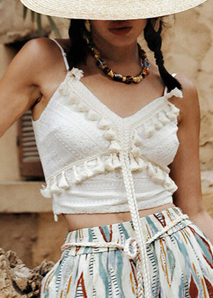 Chic White V Neck Embroidered Floral Tassel Top Sleeveless