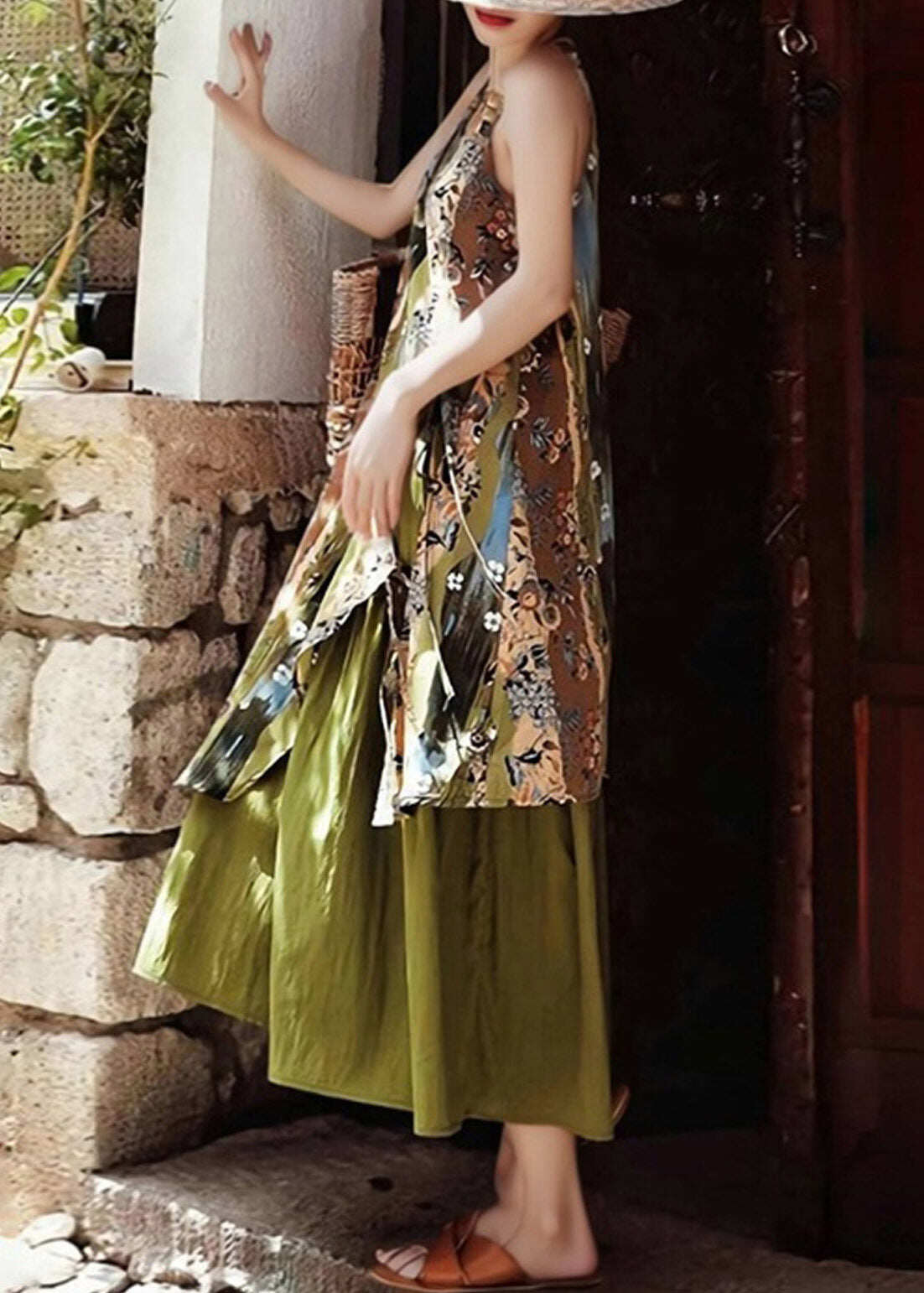 Vintage Green Print Holiday Long Spaghetti Strap Dress Sleeveless