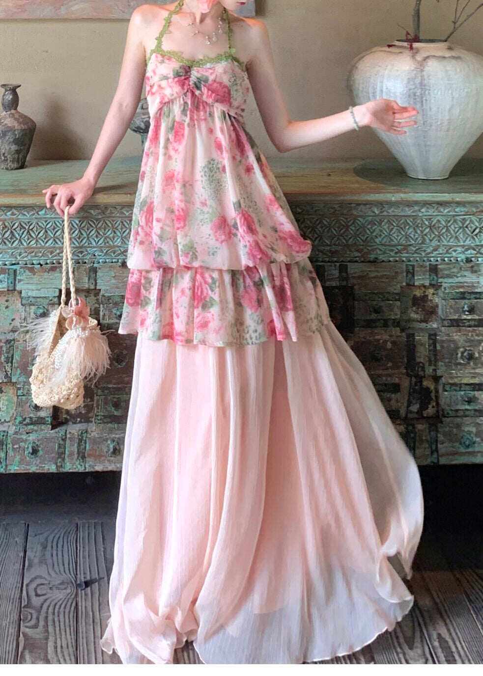 Fashion Pink Print Draping Chiffon Two Pieces Set Summer