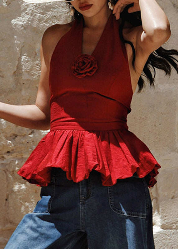 Beautiful Red Backless Floral Cotton Halter Beach Vest Summer