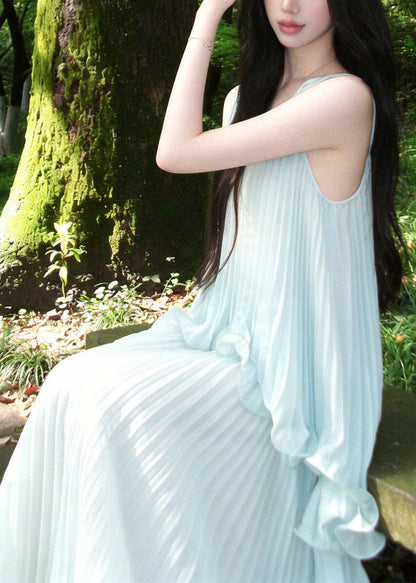 Italian Light Blue Oversized Draping Chiffon Pleated Dresses Summer