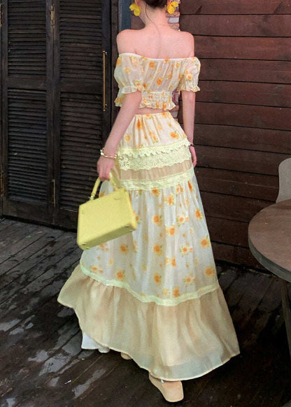 Fine Slash Neck Print Top And Long Skirts Two Pieces Set Summer