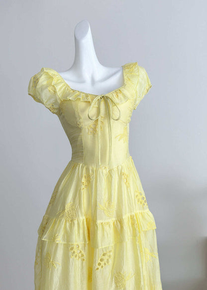 Boutique Orange O-Neck Tie Lace Hollow Out Silk Long Dress Summer