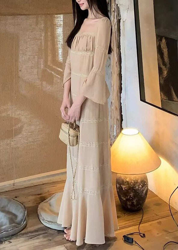 Classy Apricot Square Collar Lace Patchwork Long Dress Flare Sleeve