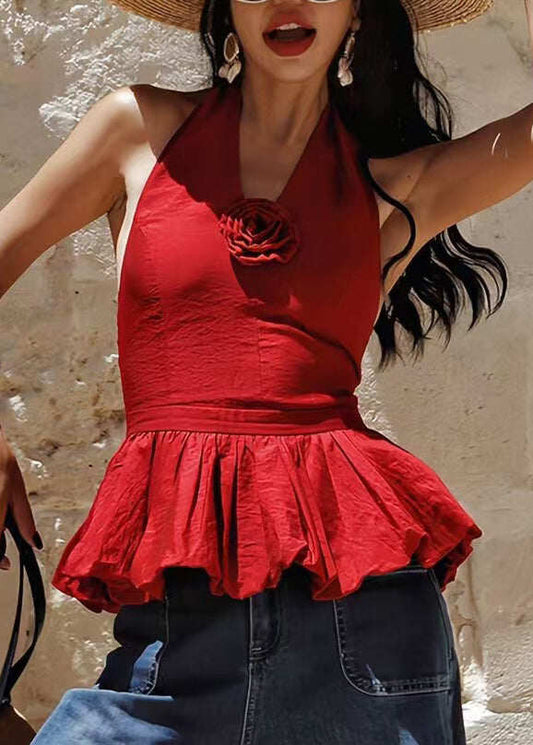 Beautiful Red Backless Floral Cotton Halter Beach Vest Summer