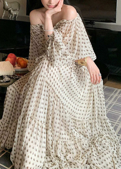 2026 New White Cold Shoulder Top And Maxi Skirts Two Pieces Set Lantern Sleeve