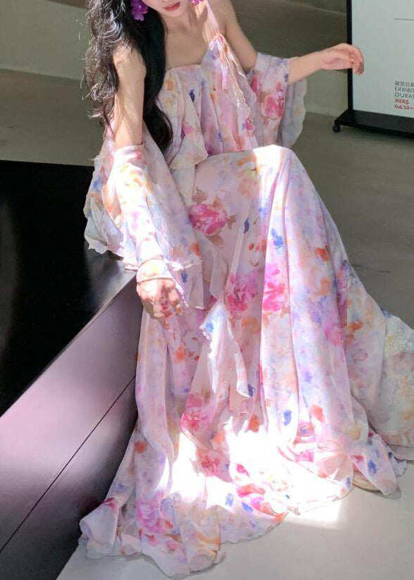 Pink Print Chiffon Holiday Dress Backless Exra Large Hem Summer