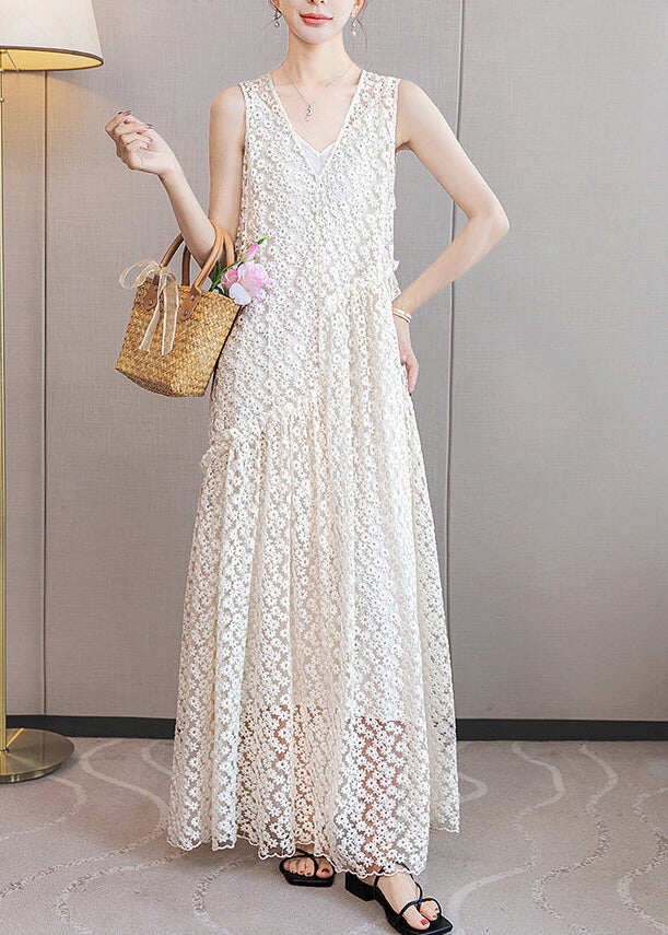 Italian White Ruffled Patchwork Lace Long Dresses Sleeveless