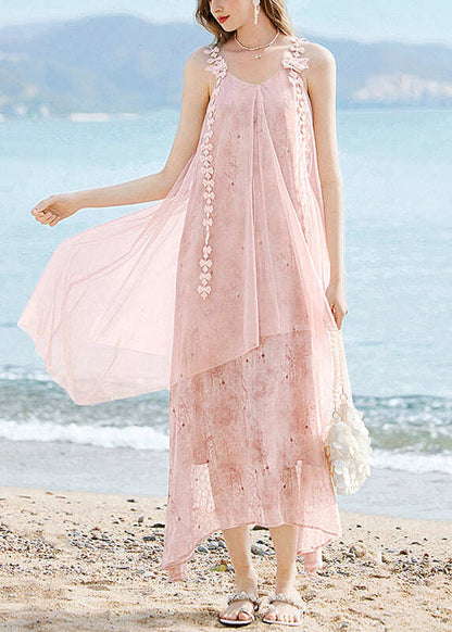 Pink O-Neck Tassel Silk Long Spaghetti Strap Dress Summer