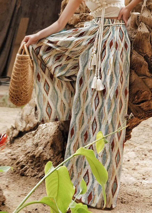 Boho Rainbow Plaid Elastic Waist Wide Leg Pants Summer