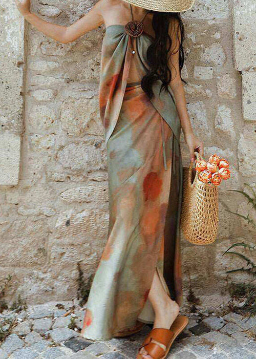 Handmade Cold Shoulder Print Rose Top And Maxi Skirts Two Piece Set Sleeveless