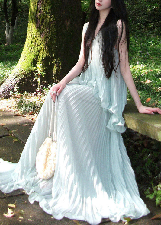 Italian Light Blue Oversized Draping Chiffon Pleated Dresses Summer