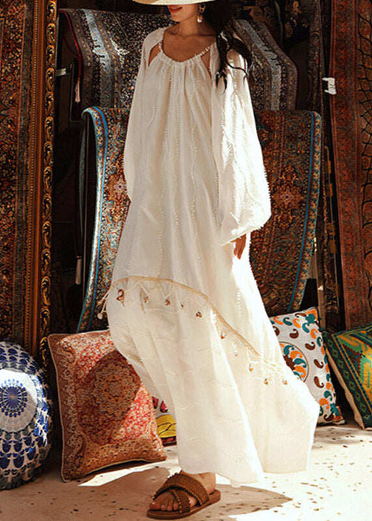 Jacquard White O-Neck Patchwork Shell Hollow Out Maxi Dress Lantern Sleeve