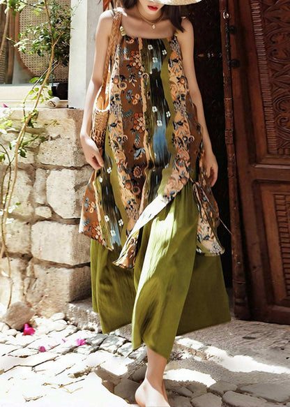 Vintage Green Print Holiday Long Spaghetti Strap Dress Sleeveless