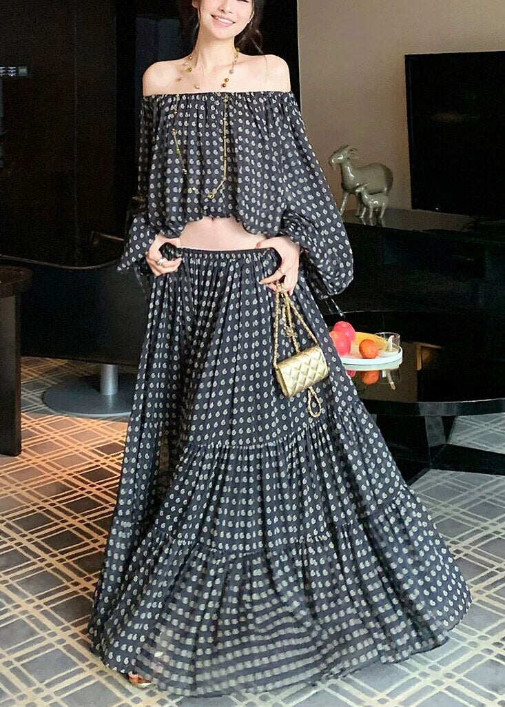 Fine Black Dot Print Top And Maxi Skirts Two Pieces Set Spring