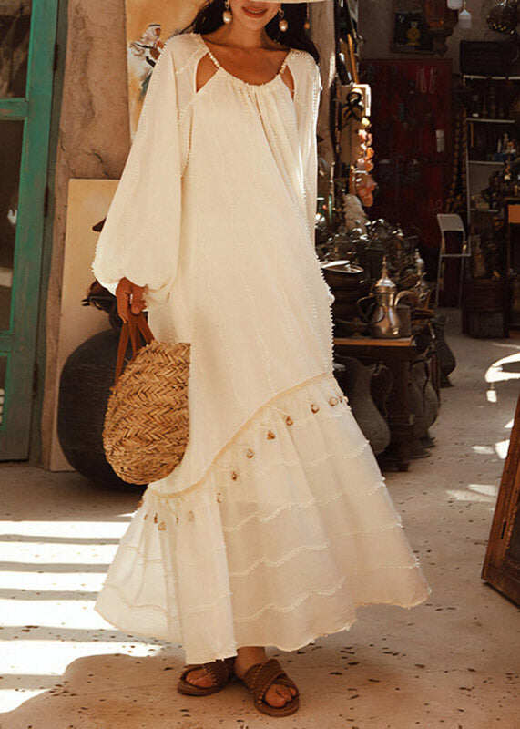 Jacquard White O-Neck Patchwork Shell Hollow Out Maxi Dress Lantern Sleeve