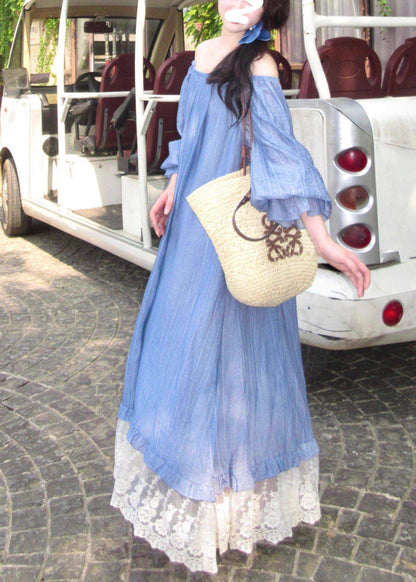 Cute Blue Slash Neck Patchwork Long Dress Fall