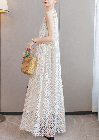 Italian White Ruffled Patchwork Lace Long Dresses Sleeveless